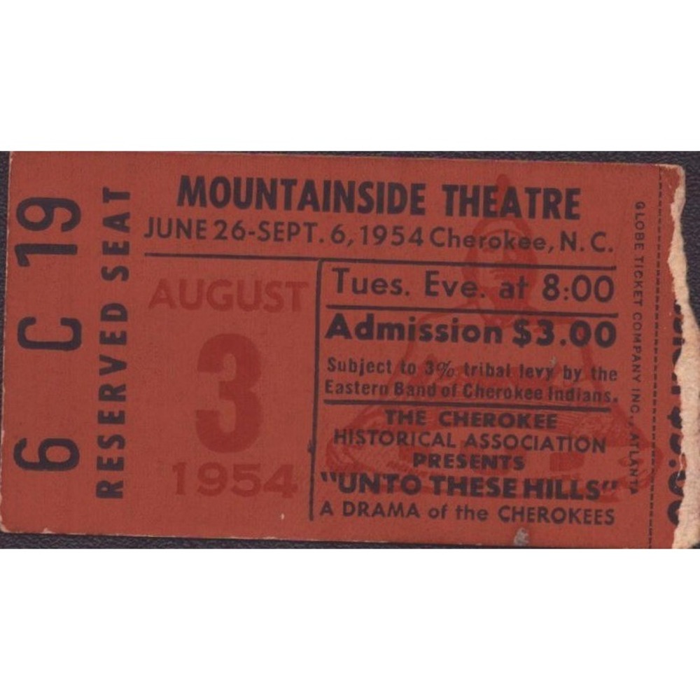 Vintage 1954 Unto These Hills Ticket Stub Mountainside Theatre Cherokee NC VG-